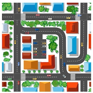 Vista dall'alto della città modello senza soluzione di continuità stampabile di strada, strada, case e auto, modello città SVG, modello PNG, stampa della città, mappa di stampa