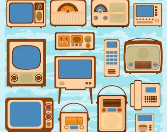 Clipart de rádio e TV retrô: gráficos de mídia vintage (download digital)