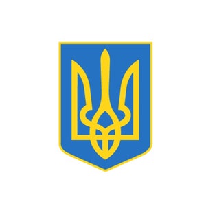 Può includere: Lo stemma dell'Ucraina, con uno scudo blu e un tridente dorato.