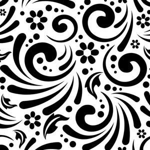 May include: Black and white seamless pattern with swirls, dots, and stylized flowers. The pattern is on a white background.