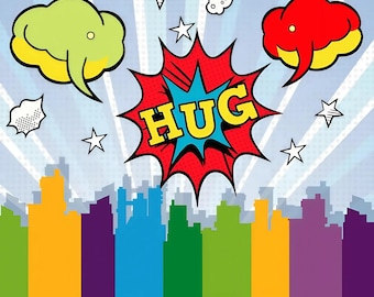 Stadsgezicht regenboog superheld, wolkenkrabber vectorafbeeldingen (digitale download)