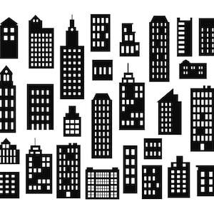 Puede incluir: Una colección de 25 ilustraciones en silueta en blanco y negro de varios edificios de la ciudad. Los edificios son de diferentes formas y tamaños, y algunos tienen ventanas.