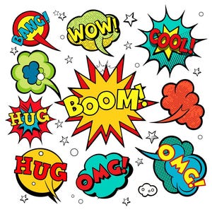 May include: A collection of colorful comic book speech bubbles with words like "BANG!", "WOW!", "COOL!", "BOOM!", "HUG", and "OMG!". The bubbles are in various shapes and colors, with star and circle accents.