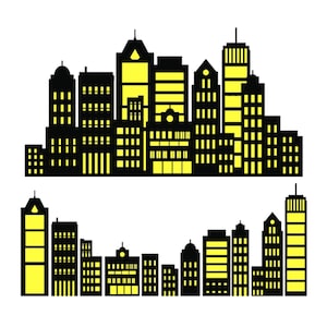 Puede incluir: Silueta negra de un horizonte de ciudad con ventanas amarillas. El horizonte está dividido en dos secciones, la sección superior muestra una ciudad más grande con edificios más altos y la sección inferior muestra una ciudad más pequeña con edificios más bajos.