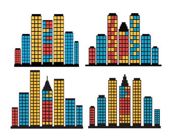 Stadsgezicht clipart: sublimatieontwerpen Superheldengebouwen Silhouetten (PNG SVG PDF)
