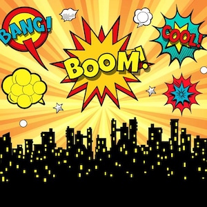 Puede incluir: Ilustración estilo cómic con una silueta de paisaje urbano en la parte inferior. El fondo presenta líneas radiales amarillas y naranjas. Burbujas de texto con palabras como "BANG!", "BOOM!" y "COOL!" están dispersas por la imagen, junto con estrellas y bocadillos.