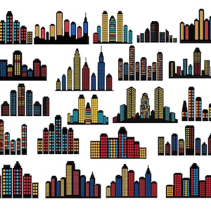 22 PNG SVG Set of wall art city skylines featuring urban buildings, sublimation designs