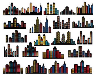 Set van 22 PNG- en SVG-muurdecoraties met stadsgezichten en stedelijke gebouwen, sublimatieontwerpen.