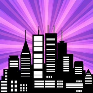 Superhero City skyline landscape, speech bubbles, building City silhouette PNG SVG skyscrapers superhero city Urban SVG Comic Birthday Party