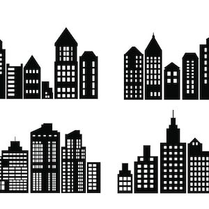 May include: Four black and white silhouette illustrations of city skylines. Each illustration features a different arrangement of buildings, creating a variety of urban landscapes.