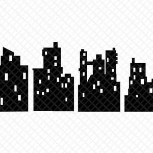 Peut inclure: Silhouette noire d'une ville avec plusieurs b&acirc;timents de diff&eacute;rentes hauteurs.
