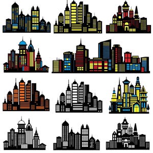 May include: A set of ten black and white illustrations of cityscapes. Each cityscape features a variety of buildings with different heights and styles. The illustrations are simple and stylized, with a focus on the overall shape and form of the buildings.