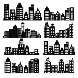 Peut inclure: Huit silhouettes noires de paysages urbains. Chaque paysage urbain présente une variété de bâtiments, notamment des gratte-ciel, des immeubles d'appartements et des structures avec des toits en pente. Les bâtiments ont des fenêtres et sont disposés horizontalement.