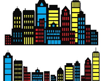 Stadt-Skyline-Clipart, Superhelden-Gebäude und Gebäude-Stadtsilhouette PNG SVG ClipArt von Wolkenkratzern und Superhelden-Stadtkonstruktionen