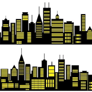 Ensemble d'horizons de ville vectoriels PNG SVG paysage urbain, super-héros imposants gratte-ciel architecture urbaine à imprimer et découper pour les célébrations