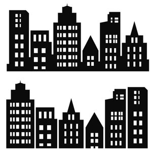 Op de afbeelding: Zwart silhouet van een stadsgezicht met diverse gebouwen, waaronder wolkenkrabbers, rechthoekige gebouwen en structuren met puntdaken. Ramen worden weergegeven door witte rechthoeken. De afbeelding is een eenvoudige, grafische weergave van een stedelijke skyline.