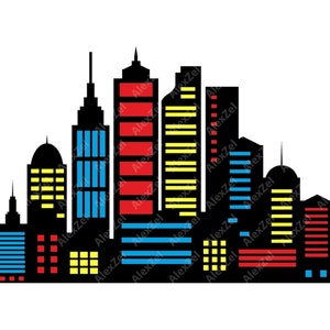 Superheld Stadt Skyline Landschaft, 7.8*5.4 Fuß, Superheld Gebäude, Gebäude Stadt Silhouette PNG SVG Wolkenkratzer Superheld Stadt Urban SVG