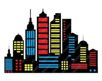Superhero City Skyline SVG PNG, Silhouette di edifici (download digitale)