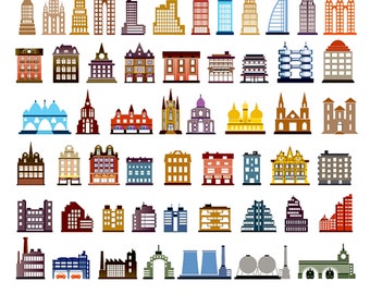 Paquete de 60 imágenes PNG de edificios urbanos en formato SVG: Siluetas, Hogar, Diseños para álbumes de recortes (Archivos digitales)