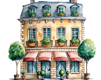 34 PNG Vintage European Houses Clipart, Watercolor Style, Retro Parisian Architecture (Digital Download)