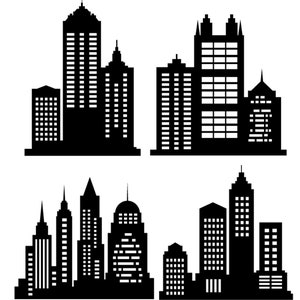 Silhouettes of city buildings, superhero building and blocks, city blocks and skyscraper, city silhouettes, in black and white PNG, SVG, DXF
