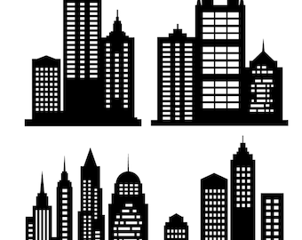 Silhouettes de bâtiments urbains, de bâtiments et de blocs de super-héros, de blocs urbains et de gratte-ciel, des silhouettes de villes, en noir et blanc PNG, SVG, DXF