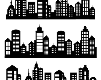 Edifici di supereroi bloccano 8,33 * 3,0 piedi skyline di edifici della città PNG silhouette della città nei paesaggi urbani SVG con grattacieli e supereroi