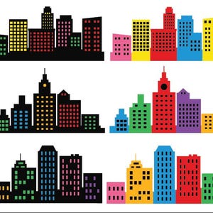 Puede incluir: Un conjunto de cinco ilustraciones coloridas de horizonte de ciudad. Cada horizonte presenta edificios en varios tonos de rojo, azul, verde, amarillo y morado. Las ilustraciones son perfectas para agregar un toque de estilo urbano a cualquier proyecto.