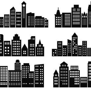 Peut inclure: Graphique noir et blanc de plusieurs horizons de villes. Chaque horizon présente un agencement différent de bâtiments, notamment des gratte-ciel, des tours et des structures plus petites. Les bâtiments ont des fenêtres et diverses lignes de toit.