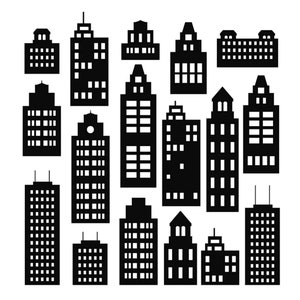 Conjunto de silhuetas de cidades, cidade PNG, silhueta de prédio, cidade SVG, clipart de horizonte, conjunto de casas, clipart de cidade, cidade PNG