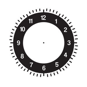 May include: Black and white clock face with numbers 1 through 12 and a small dot in the center.