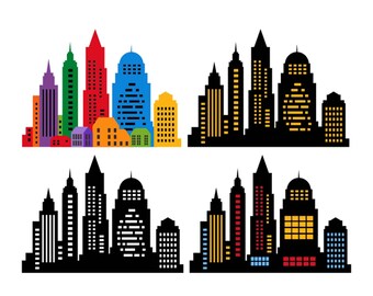 Stad silhouet set, stad png - 8,7 * 6,4 voet, gebouw silhouet, stad SVG, skyline clipart, huis set, stad clipart, stad png