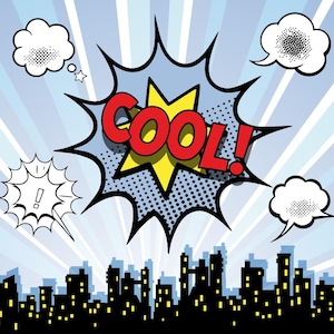 Puede incluir: Una ilustración de estilo cómic de un horizonte urbano con un gran globo de diálogo que dice "COOL!" en letras rojas con una estrella amarilla detrás.