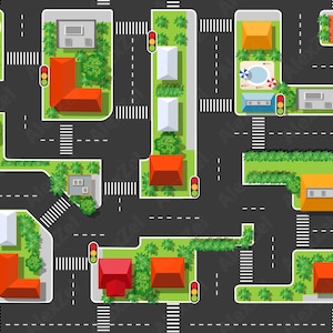 以下が含まれることがあります： 道路、建物、緑地のある都市地図の俯瞰図。建物には赤、オレンジ、白の屋根があります。横断歩道と信号機が見えます。一部の建物にはプールやスポーツフィールドがあります。