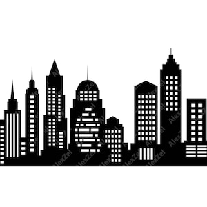 Peut inclure: Silhouette noire d'une ville avec des bâtiments de différentes hauteurs.