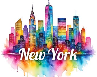 New york city skyline vibrant watercolor art featuring colorful iconic landmarks and urban architecture