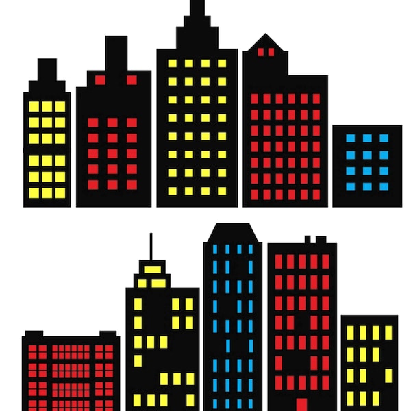 Los edificios de superhéroes bloquean imágenes prediseñadas y edificios de la ciudad del horizonte silueta de la ciudad PNG en paisajes urbanos SVG con rascacielos y superhéroes