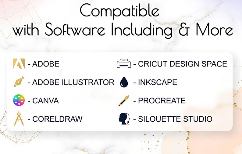 May include: A graphic listing software compatibility. The text reads "Compatible with Software Including & More." Software logos include Adobe, Adobe Illustrator, Canva, CorelDraw, Cricut Design Space, Inkscape, Procreate, and Silhouette Studio.