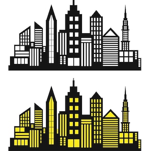 May include: Two illustrations of a city skyline. The top image shows a black silhouette of a city with tall buildings. The bottom image shows the same city skyline, but the windows of the buildings are lit up in yellow.