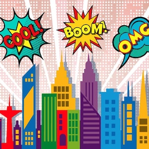 Peut inclure: Une illustration colorée d'une ville avec des bâtiments de différentes couleurs et styles. Les bâtiments sont entourés de bulles de dialogue de bande dessinée avec les mots "COOL!" "BOOM!" et "OMG!" en lettres blanches et grasses.
