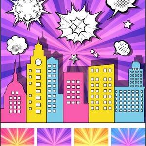 May include: A colourful comic book style illustration of a city skyline with exploding stars and speech bubbles. The city is made up of tall buildings in shades of yellow, blue, pink, and grey. The background is a purple gradient with white and yellow rays emanating from the centre.