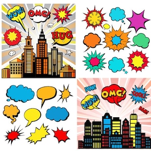 Puede incluir: Dos ilustraciones de paisajes urbanos con burbujas de diálogo y efectos de sonido de estilo cómic. La primera ciudad presenta un esquema de colores rojo, amarillo y azul con burbujas de diálogo que dicen "WOW!" "OMG!" "HUG". La segunda ciudad presenta un esquema de colores rojo, amarillo y azul con burbujas de diálogo que dicen "POW!" "WOW!" "OMG!" "COOL!" "BAM!"