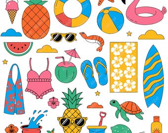 27 PNG beach and tropical vacation elements, including a surfboard, pineapple, flamingo, and sea turtle