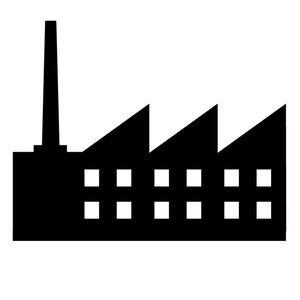 May include: Black silhouette of a factory building with a tall chimney and multiple windows.