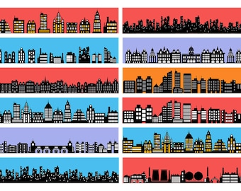 Imágenes prediseñadas de horizontes urbanos: Edificios de superhéroes, svg, png, eps, ai, jpg (Descarga digital)