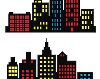 Imágenes prediseñadas de la silueta de una ciudad con superhéroes: PNG, SVG, EPS (descarga digital)
