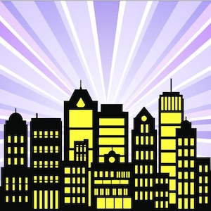 Superhero City skyline landscape, speech bubbles, building City silhouette PNG SVG skyscrapers superhero city Urban SVG Comic Birthday Party