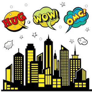 May include: A comic book style illustration featuring a cityscape silhouette with yellow windows and speech bubbles. The speech bubbles contain the words "HUG", "WOW!", and "OMG!" in bold text. Stars and a cloud are also included.