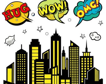 Pop Art City Skyline Poster, Retro Comic Speech Bubbles Wall Art (Digital Download)