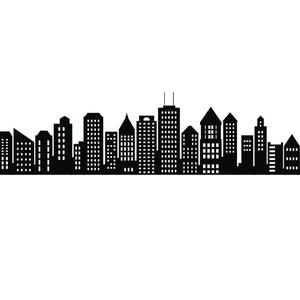 Könnte beinhalten: Schwarz-weiße Silhouette einer Skyline mit hohen Gebäuden.